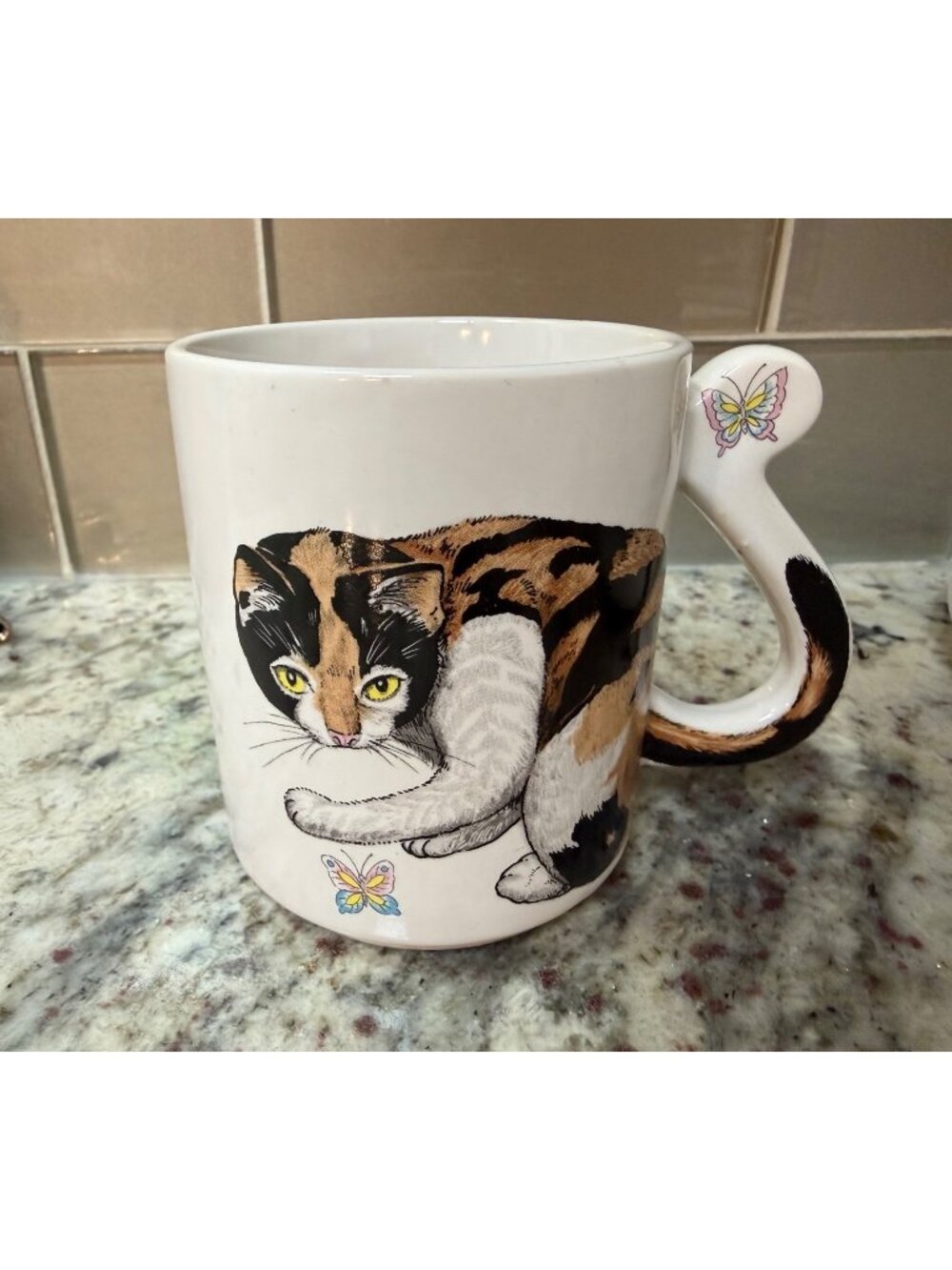 Vintage Ceramic Calico Cat Mug Tail Handle  Butterfly Table Top Coffee Bar Japan